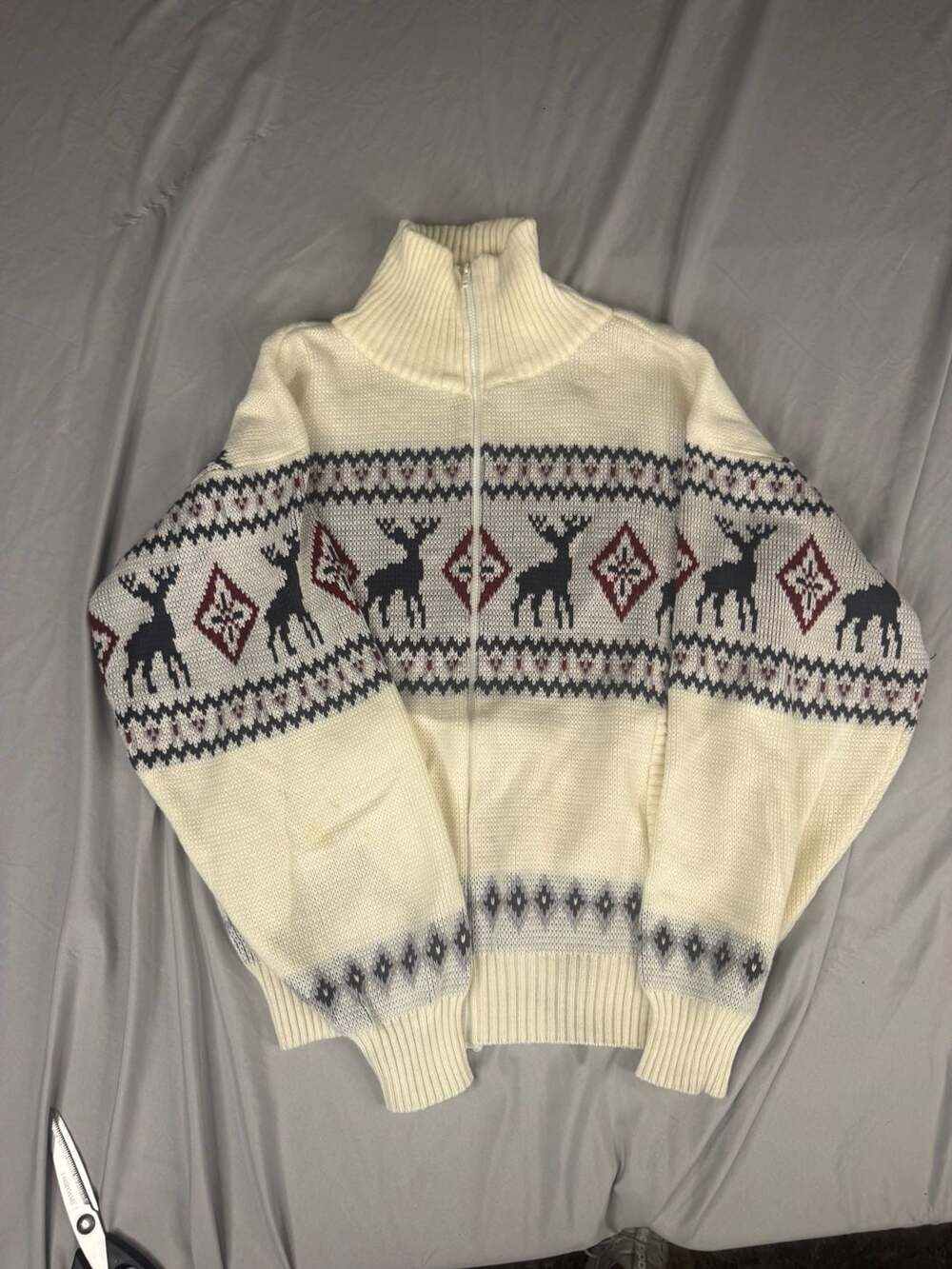 Scandia Woods Zip Up Turtleneck Sweater Size L White Fair Isle Deer